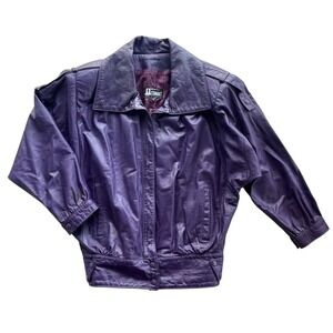 VINTAGE Comint Women S Purple Genuine Leather Oversized Collar Moto Jacket Retro